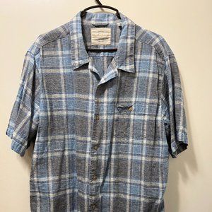 Weatherproof Vintage. 55% Linen Short Sleeve Shirt. Blue Gray White Pattern. -L-